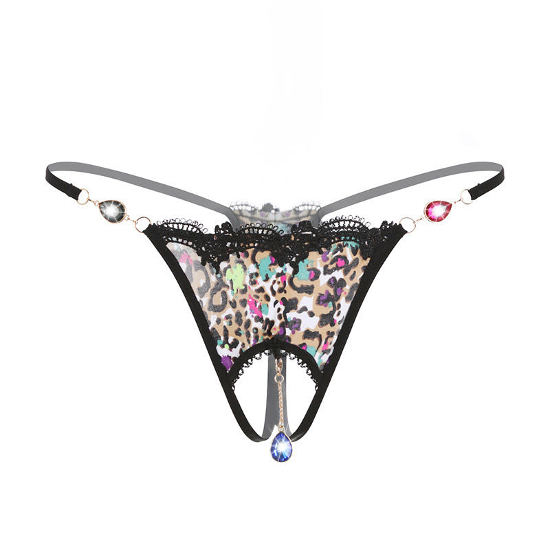 Women's Ice Silk Leopard Print Embroidered Diamond Thong